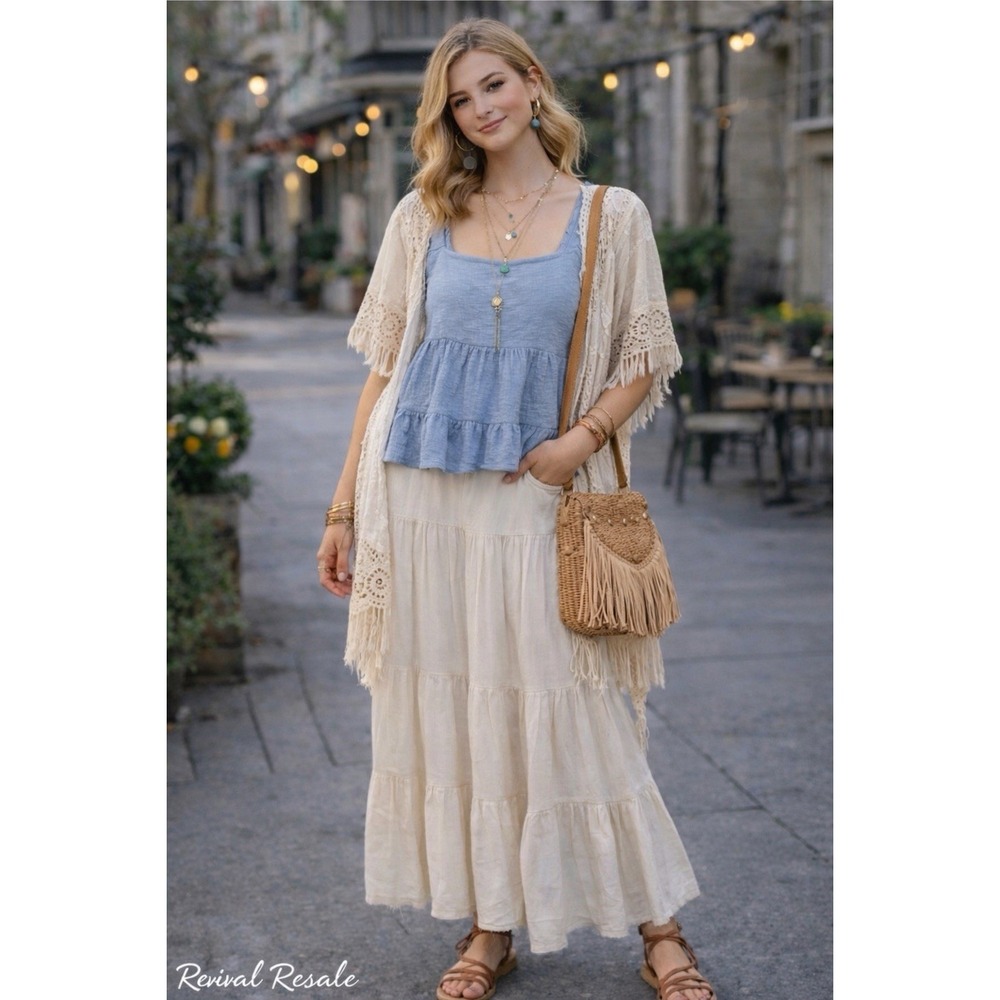 Altar'd State Light Blue Puff Sleeve Women's Crop Top Peplum Blouse Size S Boho